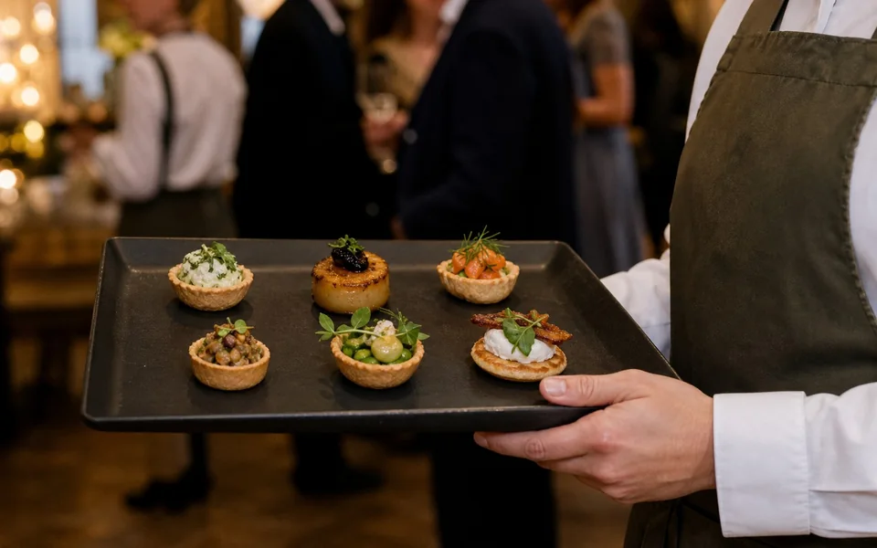 Small, colorful hors d’oeuvres arranged on a serving tray
