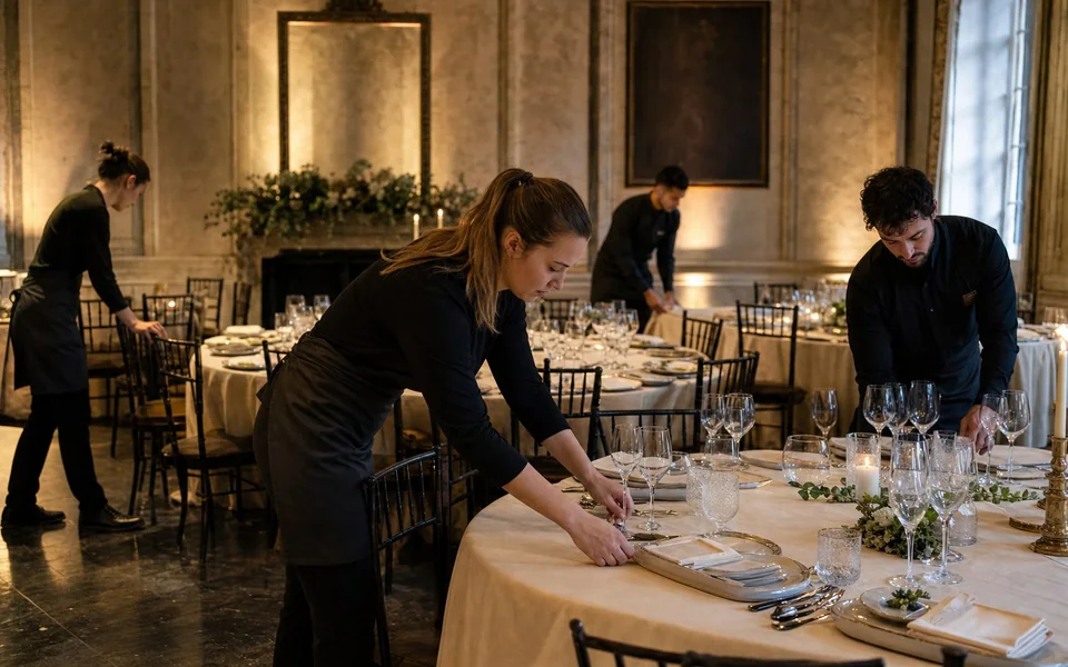An event team arranging linens and place settings before a gathering
