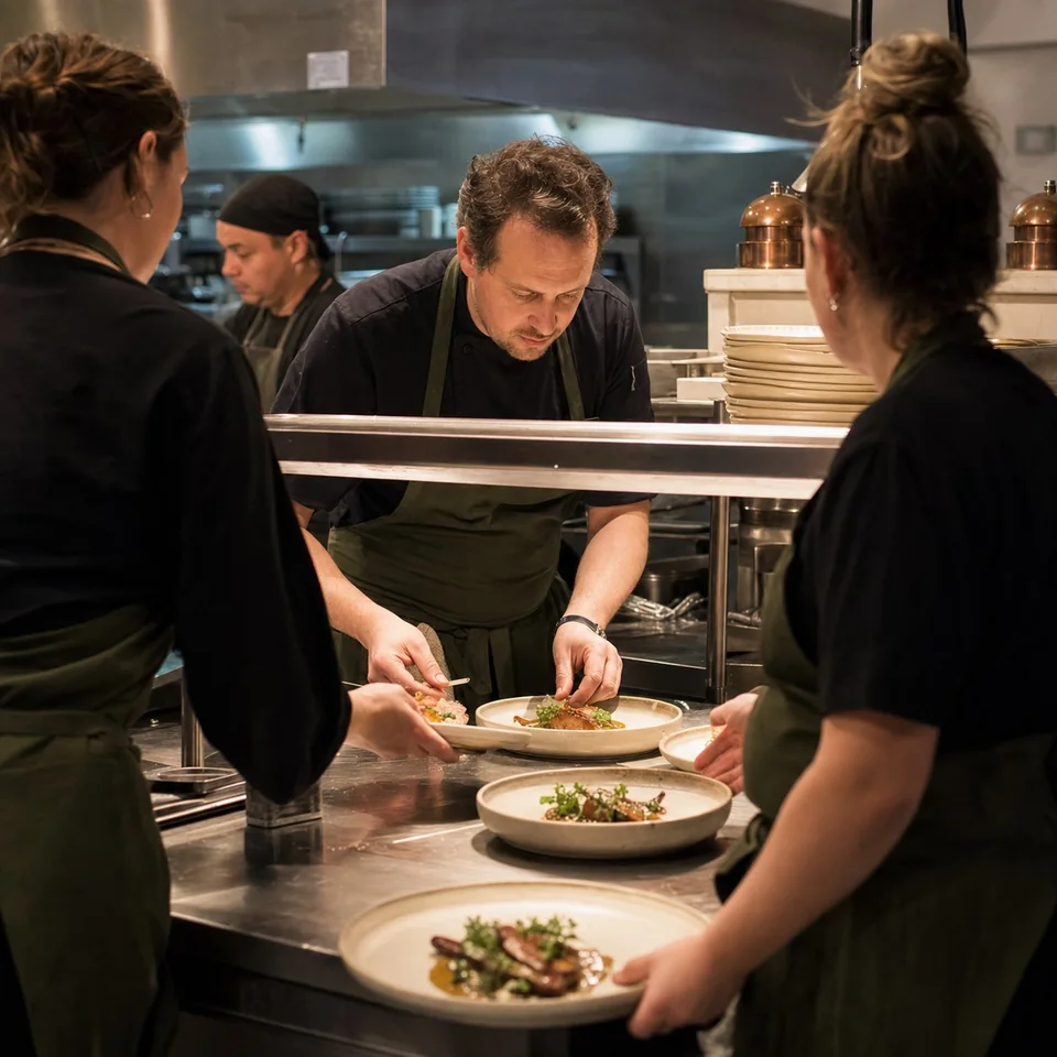 A chef and service team carefully finishing plates together